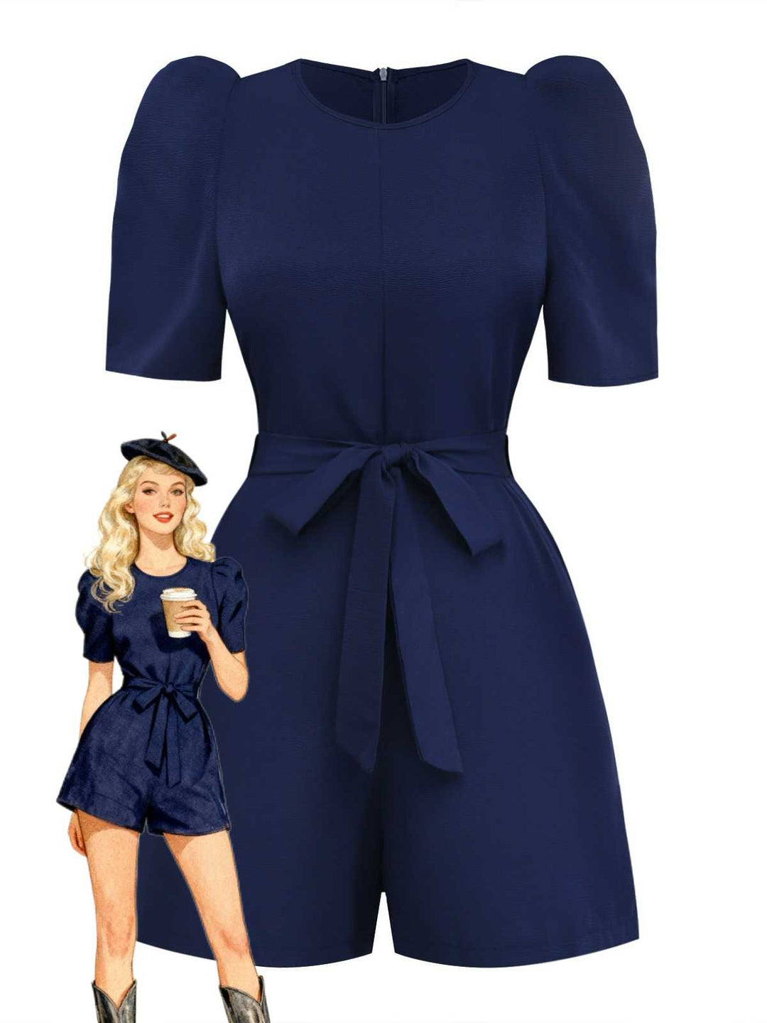 Navy Blue 1980s Belted Solid Romper - vintage jumpsuit, retro fashion