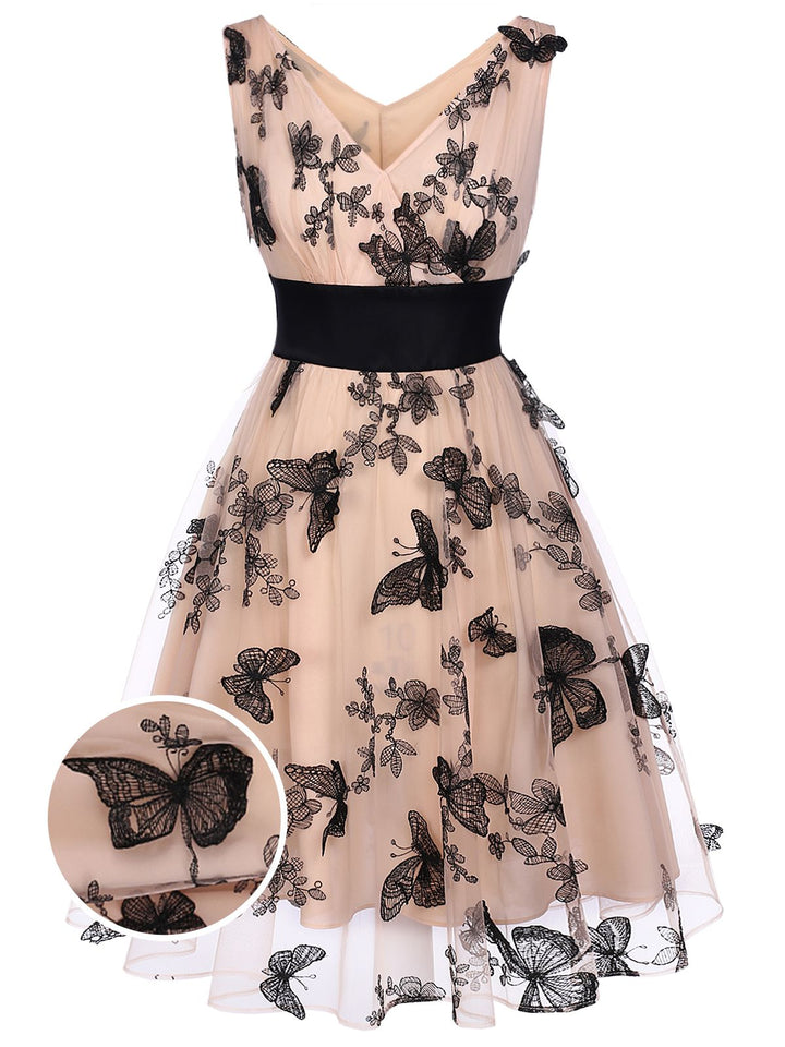 Nude 1950s Lace Butterfly Swing Vintage Dress, classic vintage style elegant retro fashion - Image 1