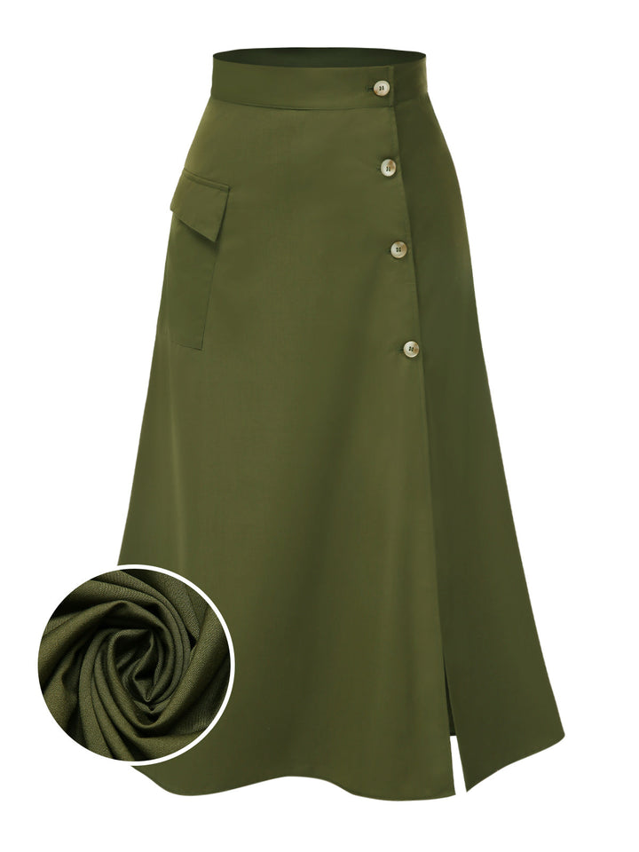 She sways in this Olive Green 1940s Button Slit Skirt and it&