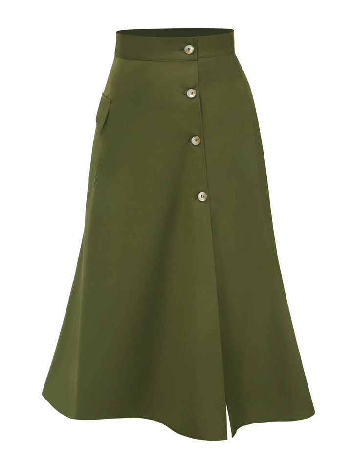 This Olive Green 1940s Button Slit Skirt spins 1940s stories with every step