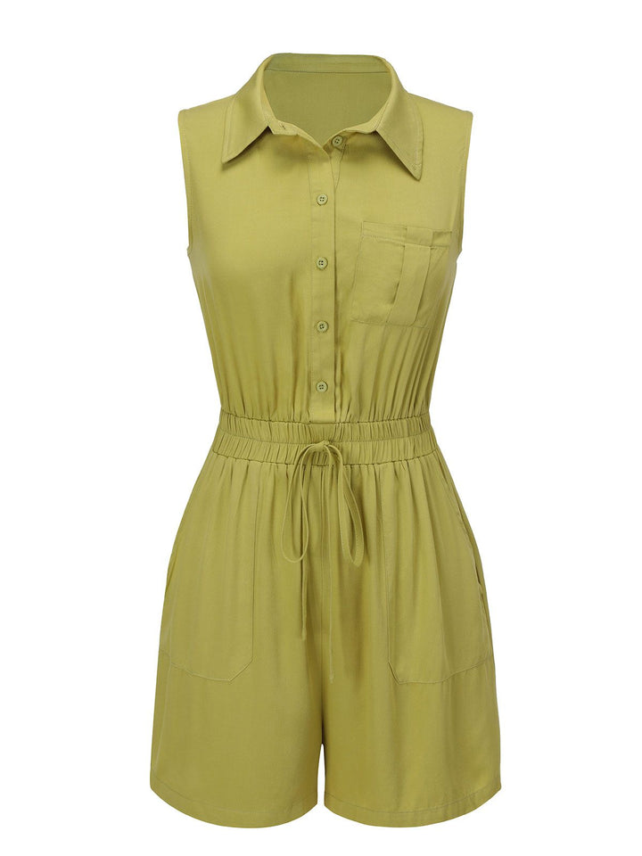 Olive Green 1950s Solid Lapel Belt Romper, vintage romper, retro jumpsuit - perfect for women who love vintage and retro fashion