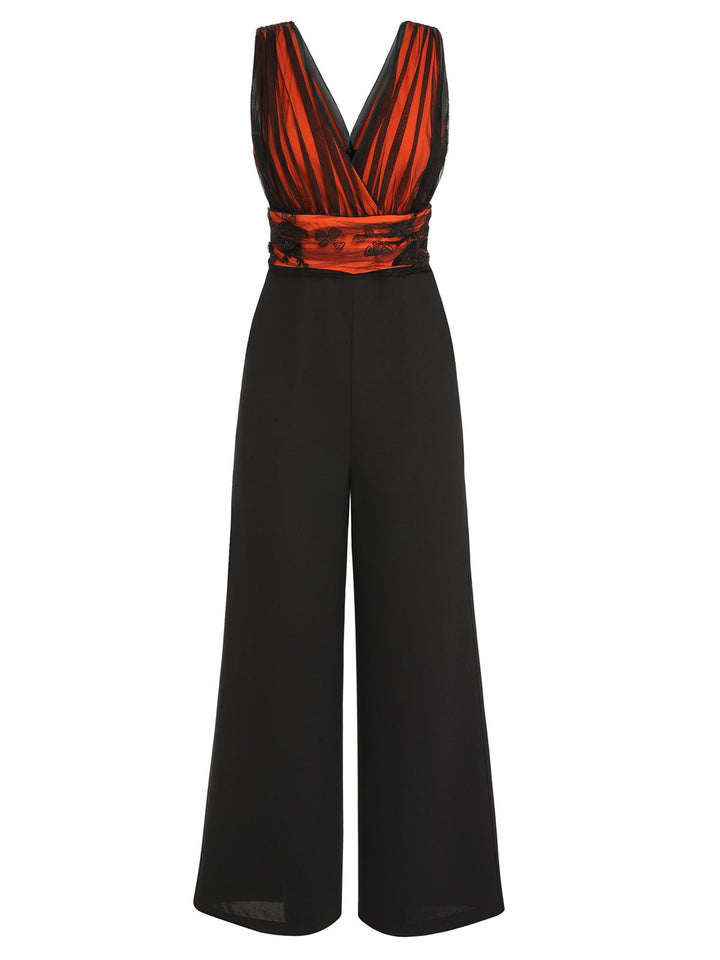Orange 1930s Butterfly V-Neck Patchwork Jumpsuit, vintage romper, retro jumpsuit - perfect for women who love vintage and retro fashion