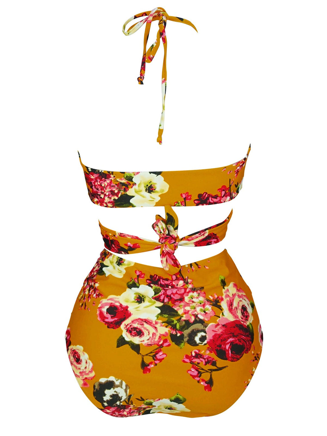 This Orange 1930s Floral Cross Bind Halter Swimsuit carries 1930s vacation dreams in every stitch