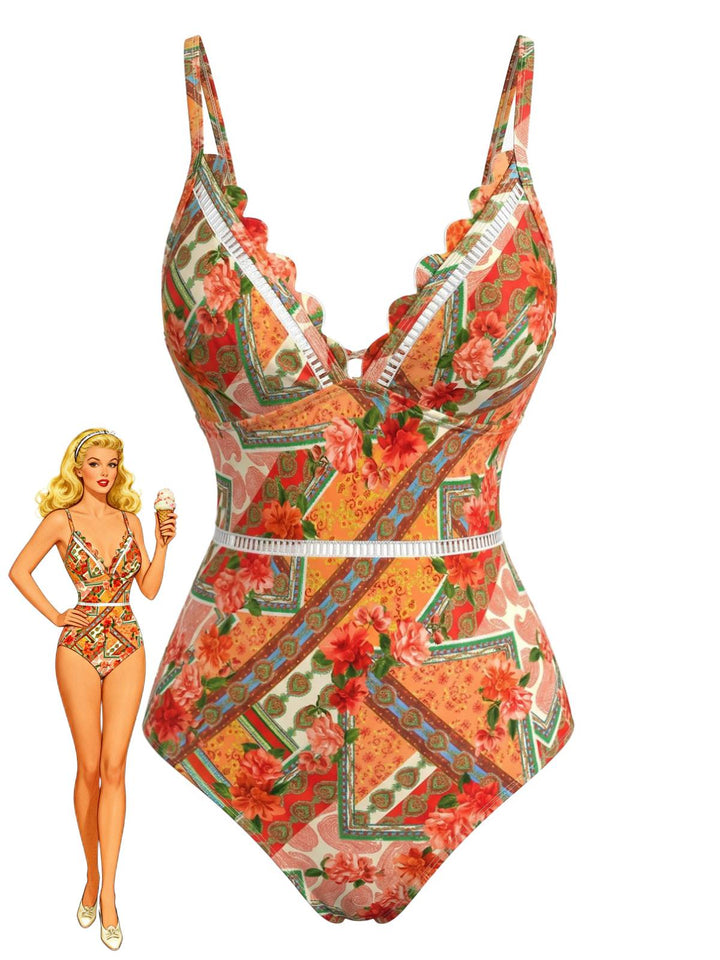 Orange--Floral-Hollow-Patchwork-Swimsuit, vintage, retro, swimwear