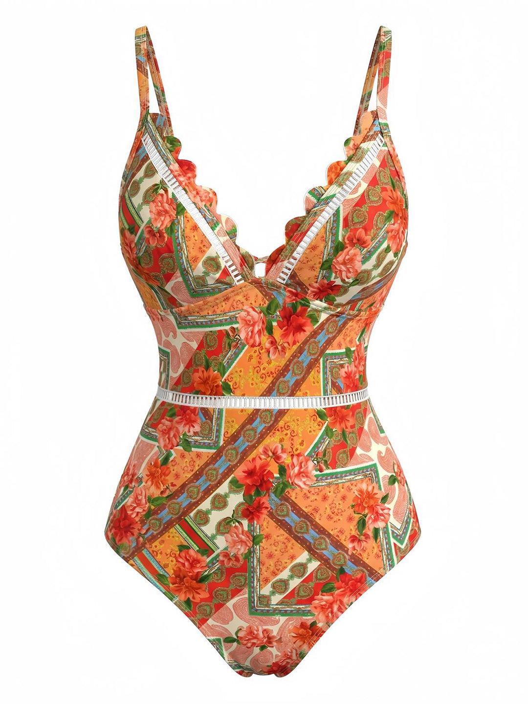 Orange--Floral-Hollow-Patchwork-Swimsuit, vintage, retro, swimwear