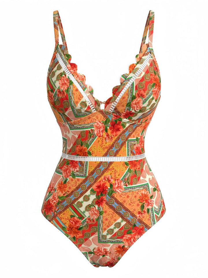 Orange--Floral-Hollow-Patchwork-Swimsuit, vintage, retro, swimwear