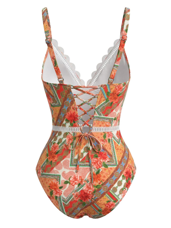Orange--Floral-Hollow-Patchwork-Swimsuit, vintage, retro, swimwear