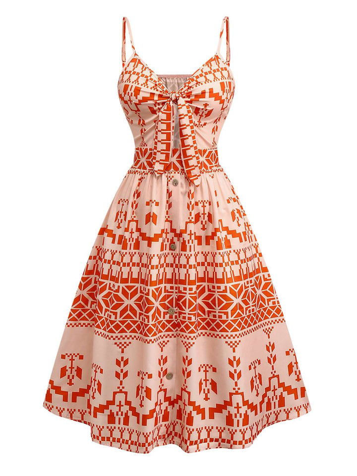 She slips into this Orange 1940s Floral Print Lace-Up Cut-Out Dress and suddenly it&
