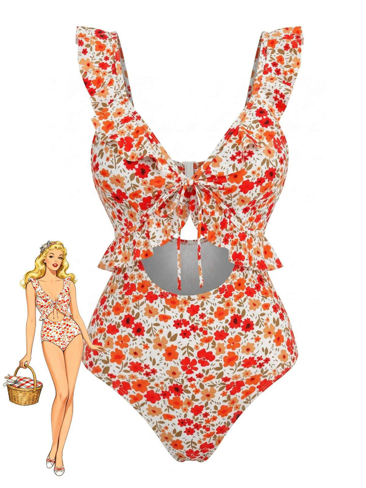 Orange--Floral-Ruffled-Cutout-One-Piece-Swimsuit, vintage, retro, swimwear