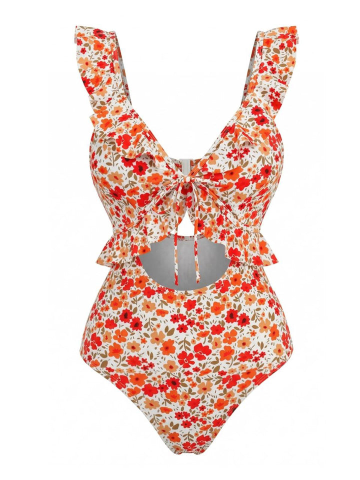 Orange--Floral-Ruffled-Cutout-One-Piece-Swimsuit, vintage, retro, swimwear