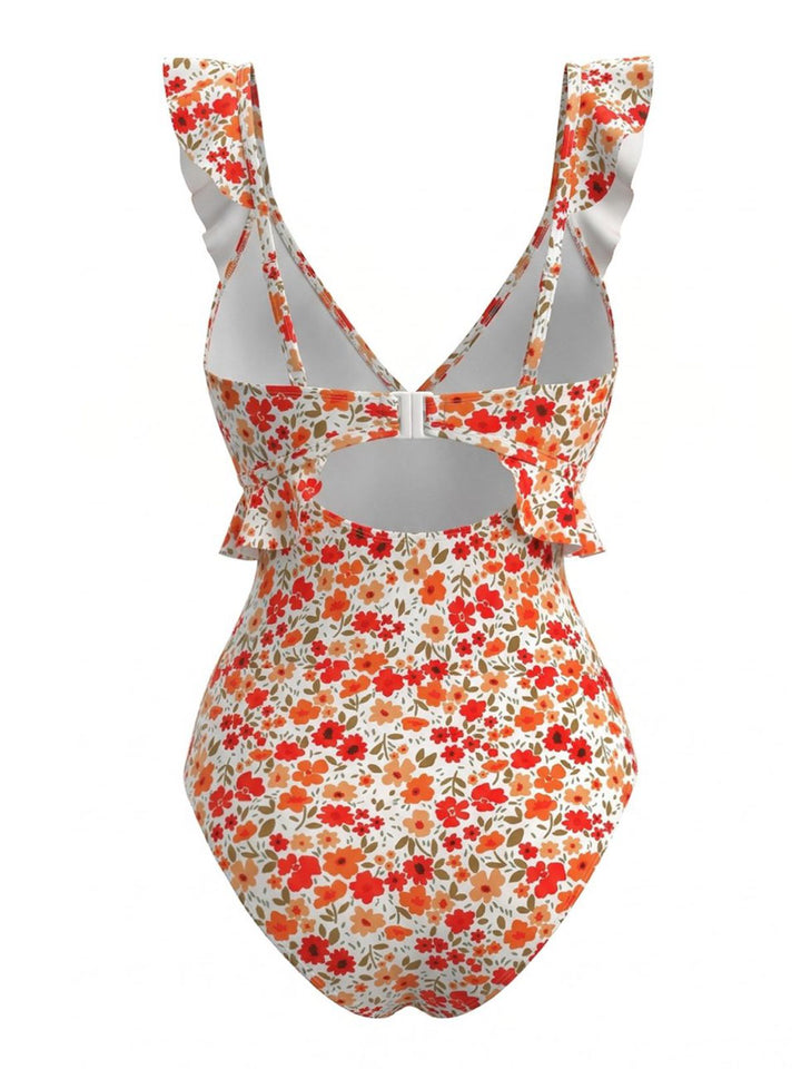 Orange--Floral-Ruffled-Cutout-One-Piece-Swimsuit, vintage, retro, swimwear