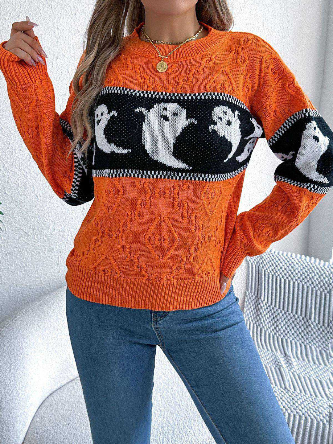 Orange 1940s Halloween Ghost Knit Sweater - vintage fashion, retro style