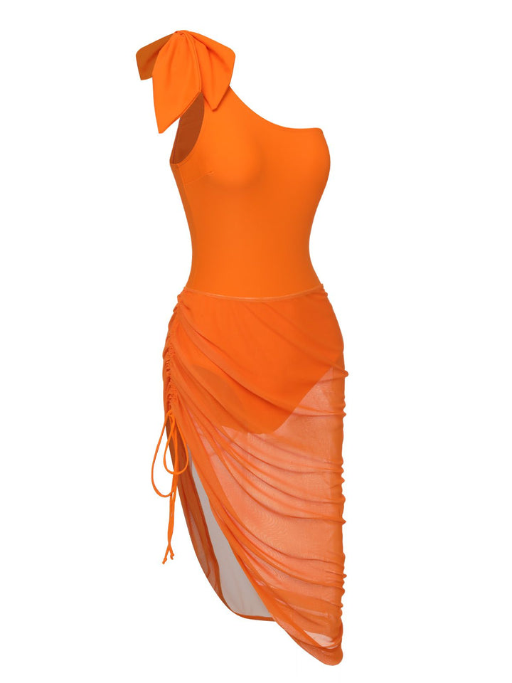 Orange 1940s Solid Swimsuit &amp; High Low Cover-Up, vintage swimsuit, pin-up swimwear - perfect for women who love vintage and retro fashion