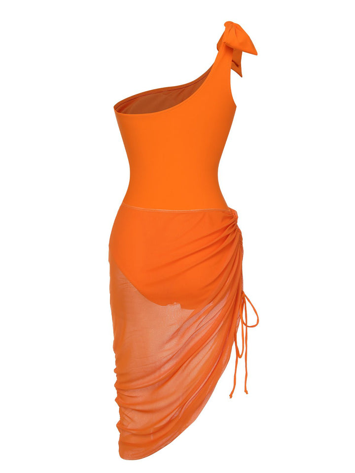 Orange 1940s Solid Swimsuit &amp; High Low Cover-Up, vintage swimsuit, pin-up swimwear - perfect for women who love vintage and retro fashion