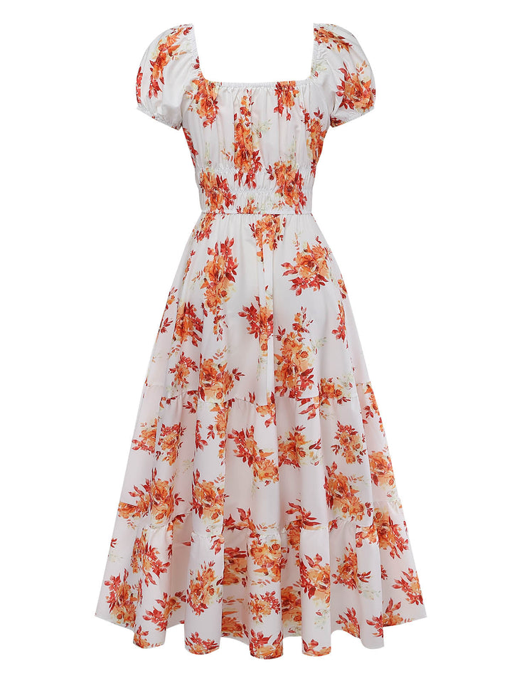 Orange 1940s Square Neck Midi Dress, vintage dress, retro fashion - perfect for women who love vintage and retro fashion