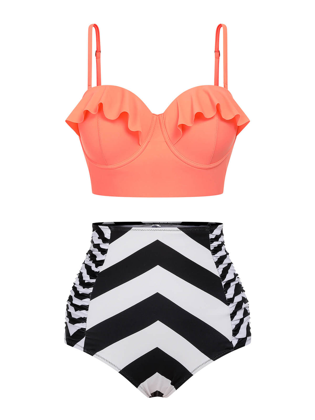 Orange 1940s Stripe Ruffles Strap Swimsuit, vintage swimsuit, pin-up swimwear - perfect for women who love vintage and retro fashion