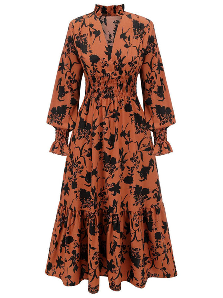Orange 1950s Floral V-Neck High Waist Dress, vintage dress, retro fashion, rockabilly, pin-up fashion - perfect for women who love vintage and retro fashion