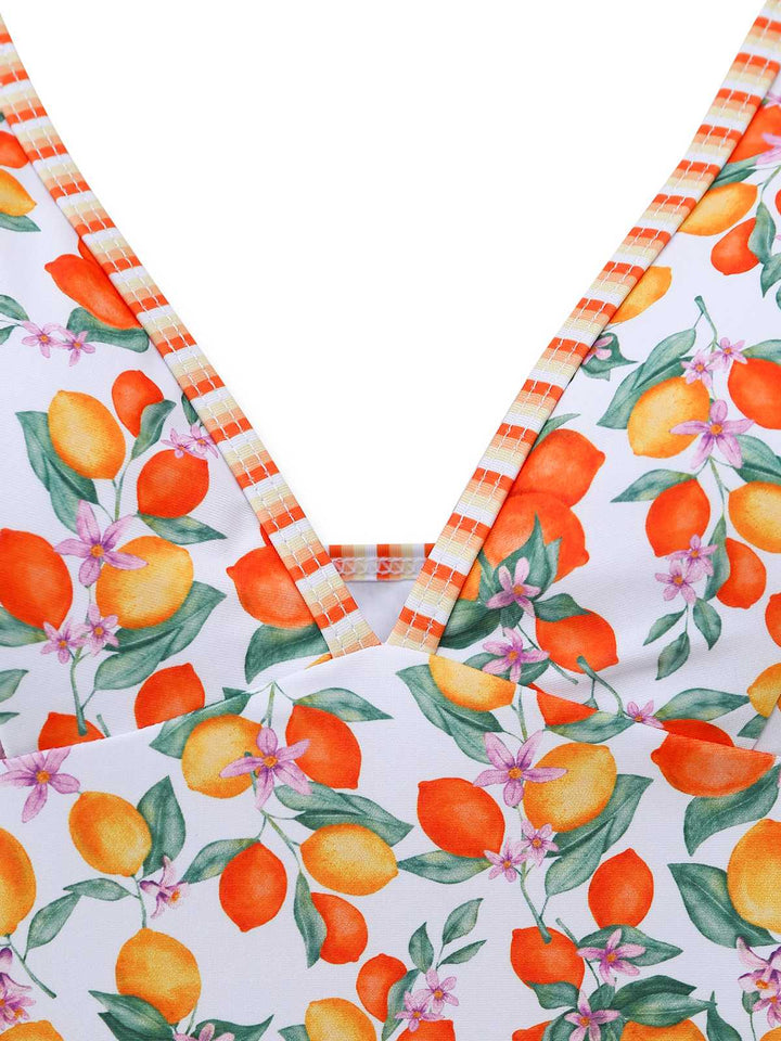 Orange 1950s Lemon Print Halter Tankini Set - vintage fashion, retro style