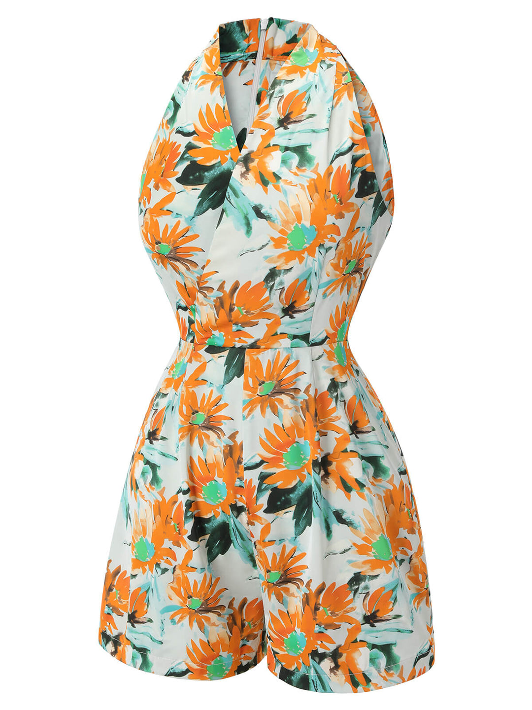 Orange 1950s Painted Sunflower V-Neck Romper, vintage romper, retro jumpsuit - perfect for women who love vintage and retro fashion