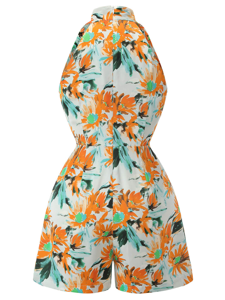 Orange 1950s Painted Sunflower V-Neck Romper, vintage romper, retro jumpsuit - perfect for women who love vintage and retro fashion