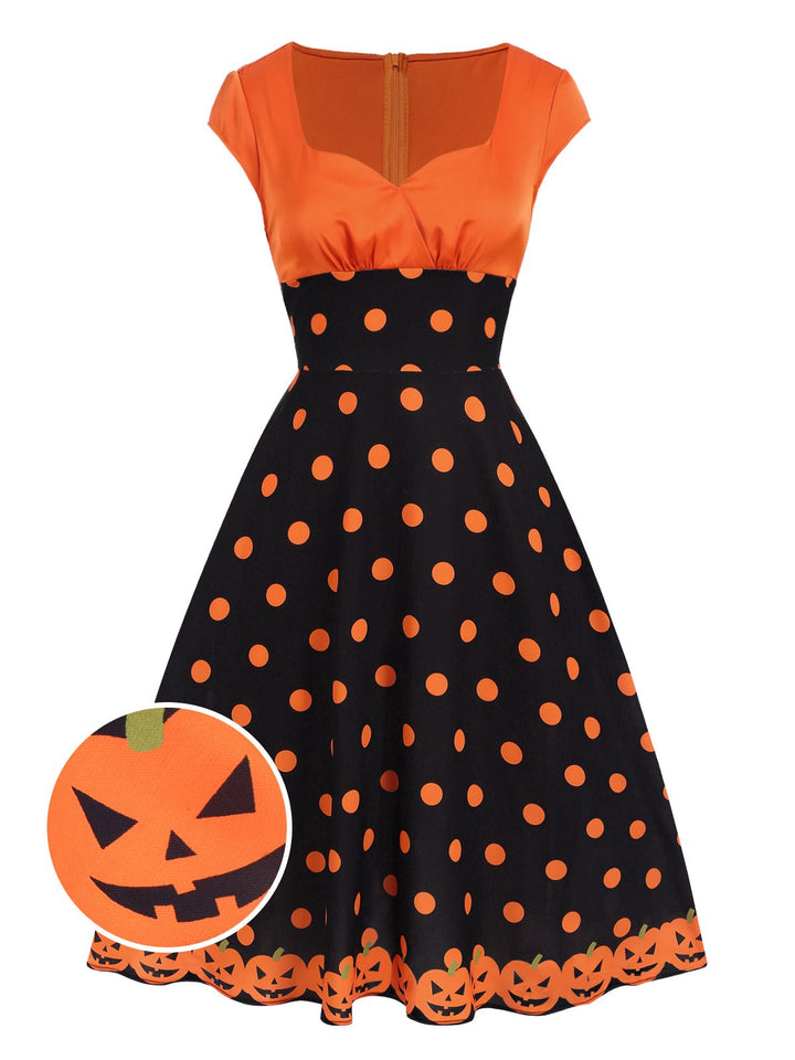 She slips into this Orange 1950s Pumpkin Face Sweetheart Neck Dress and suddenly it&