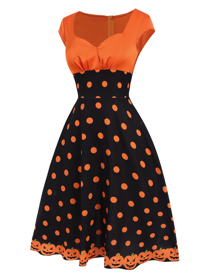 This Orange 1950s Pumpkin Face Sweetheart Neck Dress wraps her in 1950s elegance, one twirl at a time
