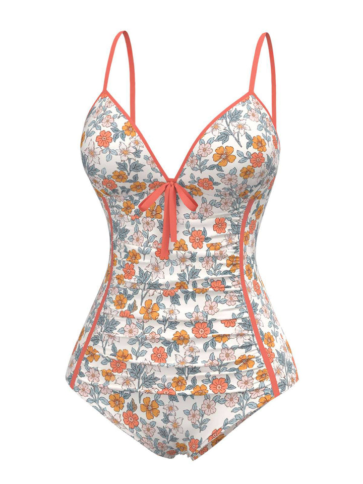 Orange 1960s Daisy Lace-Up One-Piece Swimsuit: beautiful vintage swimwear, retro swimsuit, pin-up style with timeless appeal
