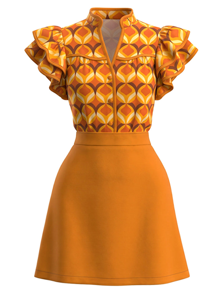 [Pre-Sale] Orange Color 1960s Floral Patchwork Classic Dress