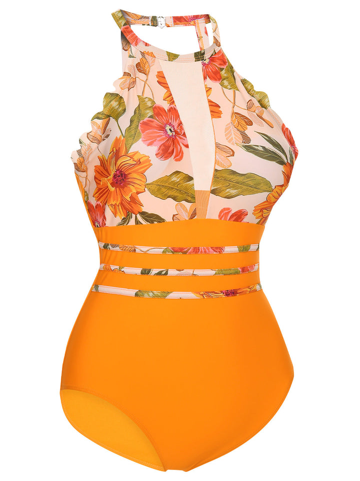 Orange 1960s Halter Floral One-Piece Swimsuit: 1960s Riviera elegance, reimagined for her