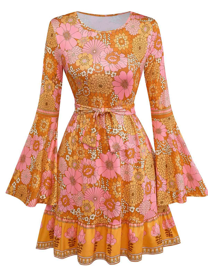 Orange 1960s Hippe Bell Sleeve Floral Dress - vintage dress, retro fashion