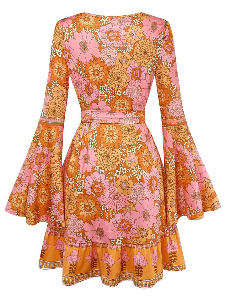 Orange 1960s Hippe Bell Sleeve Floral Dress - vintage dress, retro fashion