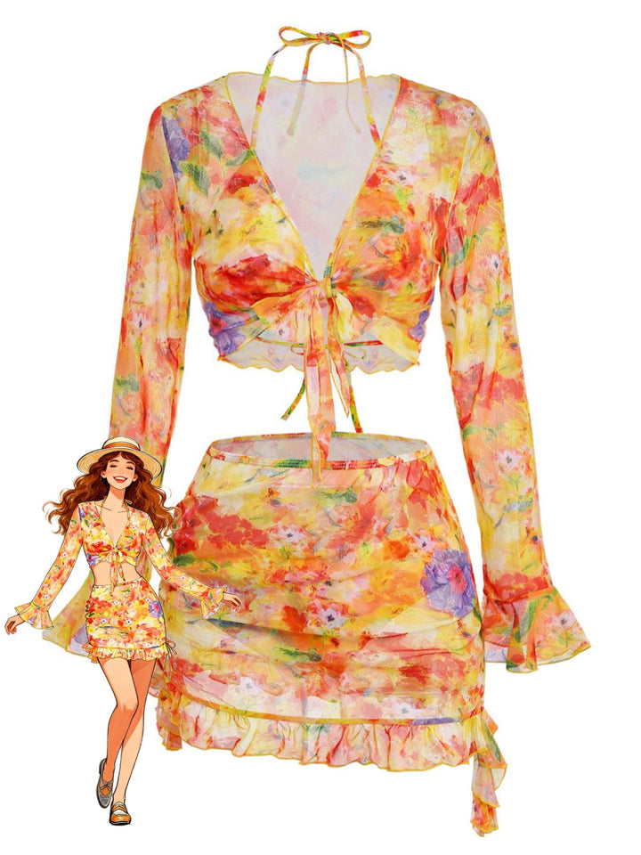 Orange Print Long Sleeve Tankini 2