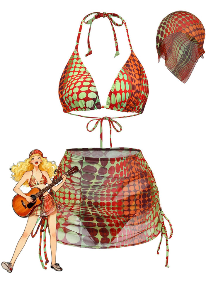 Orange 1960s Psychedelic Polka Dot Mesh Bikini Set - vintage swimwear, retro swimsuit, pin-up style for vintage lovers