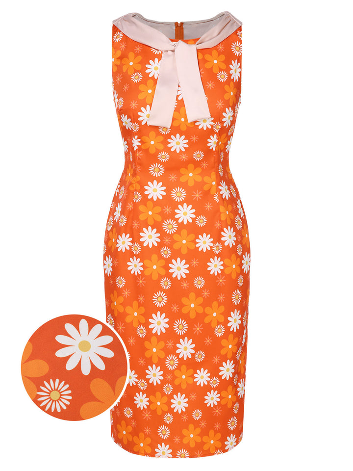 She slips into this Orange 1960s Tie Neck Floral Sleeveless Dress and suddenly it&