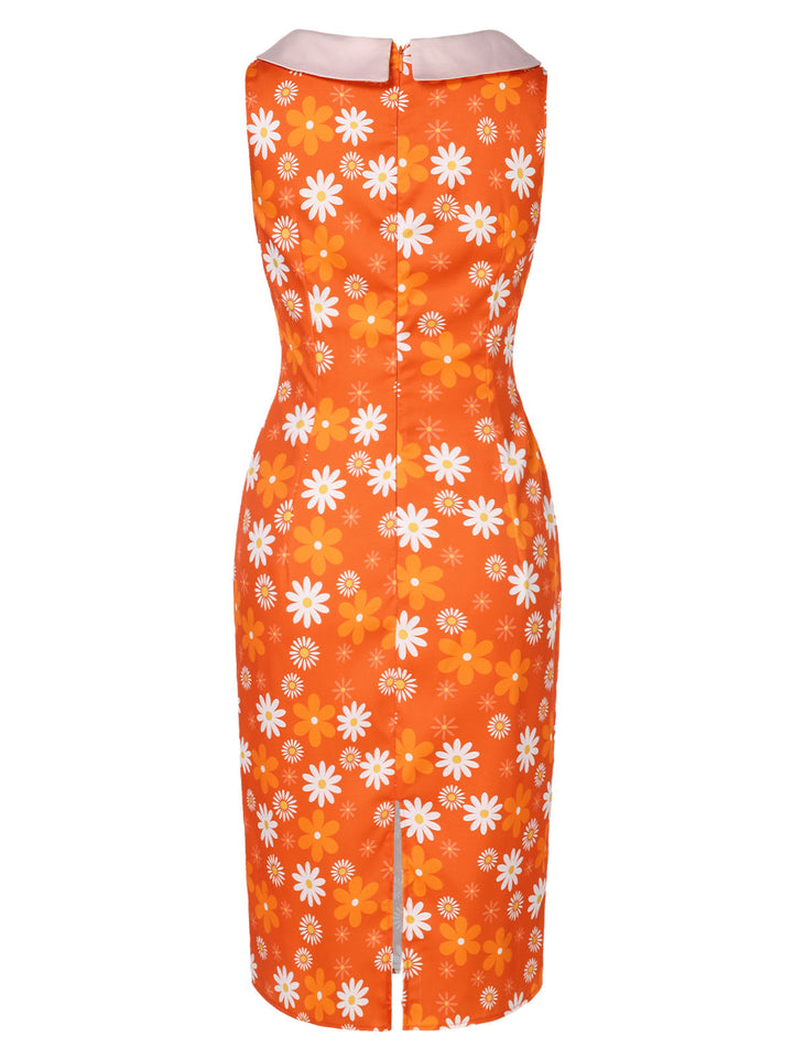 Orange 1960s Tie Neck Floral Sleeveless Dress — the kind of 1960s dress that makes strangers smile