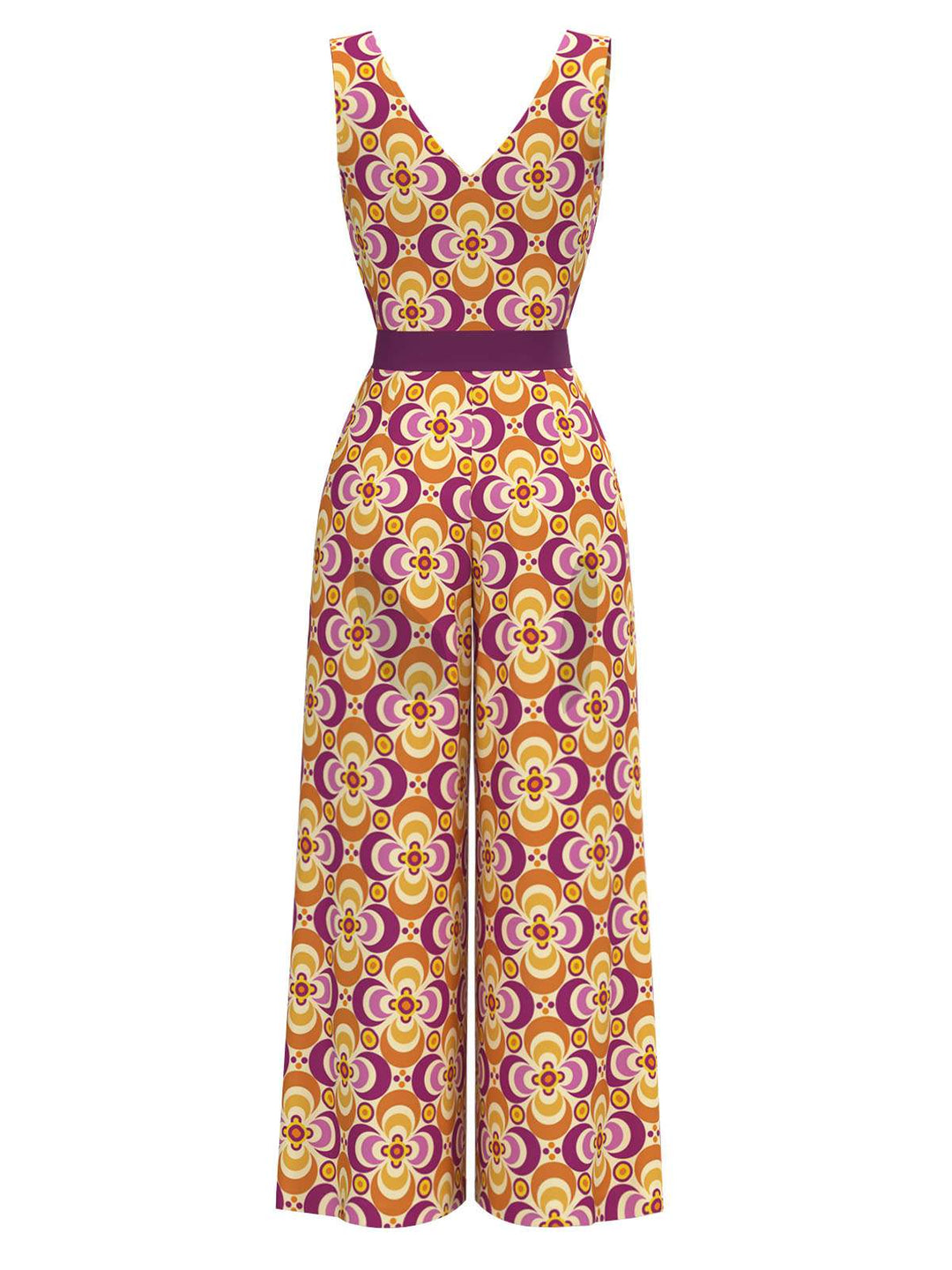 Orange 1960s V-Neck Belted Floral Printed Jumpsuit - vintage jumpsuit, retro fashion