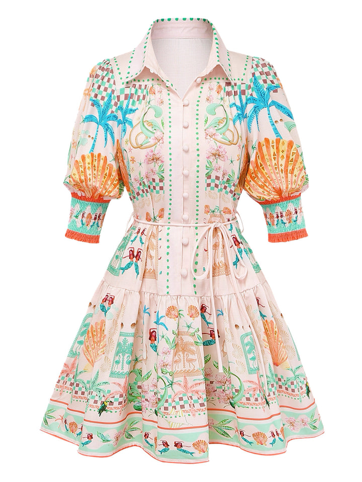 Orange 1970s Boho Pastel Print Button Tie-Waist Dress - vintage dress, retro fashion for vintage lovers