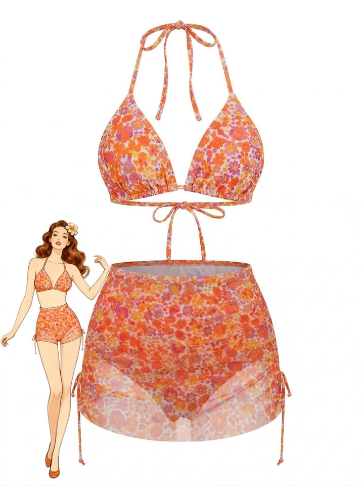 Orange Floral Halter Bikini Set &amp; Cover-Up - vintage swimsuit, swimwear for vintage lovers
