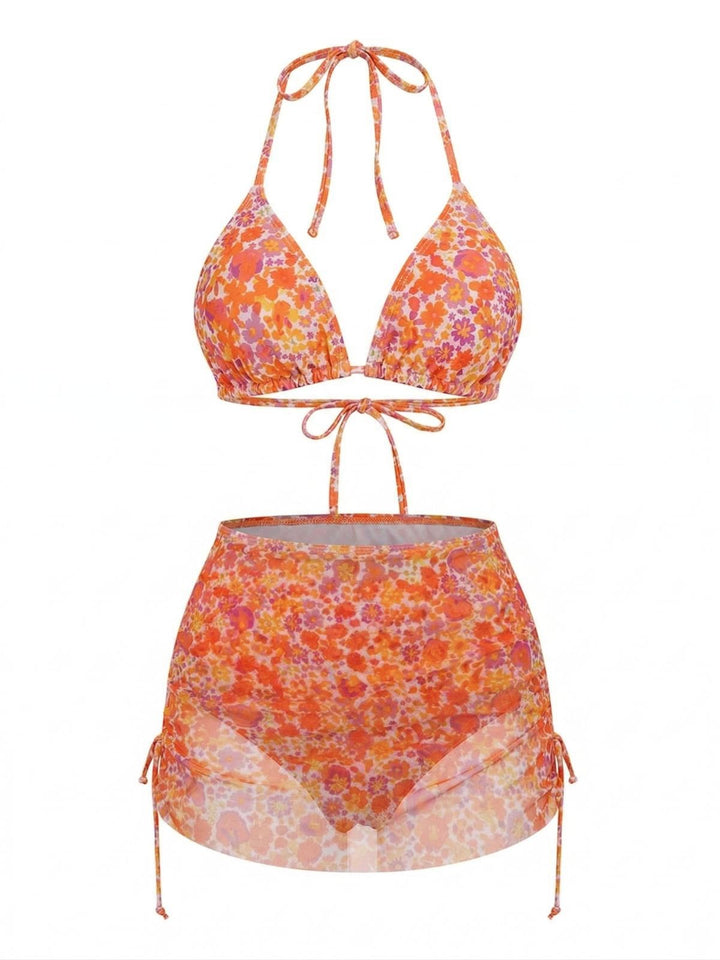 Orange Floral Halter Bikini Set &amp; Cover-Up - vintage swimsuit, swimwear for vintage lovers