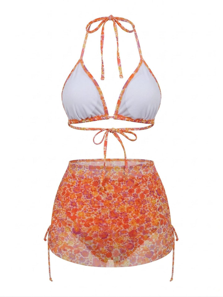 Orange Floral Halter Bikini Set &amp; Cover-Up - vintage swimsuit, swimwear for vintage lovers