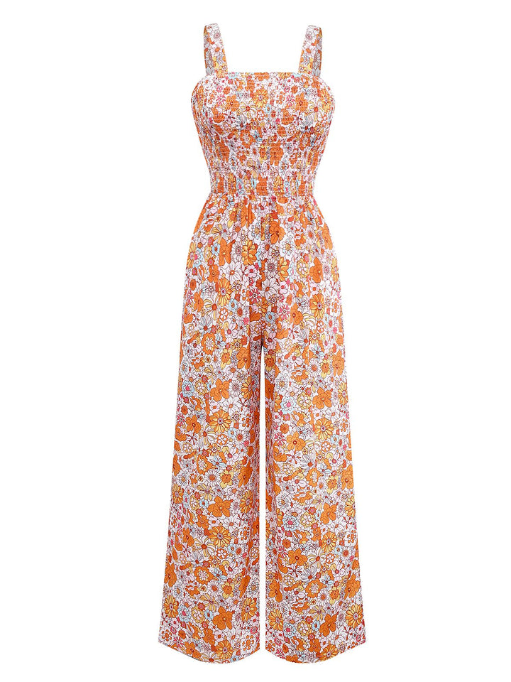 Orange 1970s Floral Print Wide Leg Jumpsuit - vintage jumpsuit, retro fashion