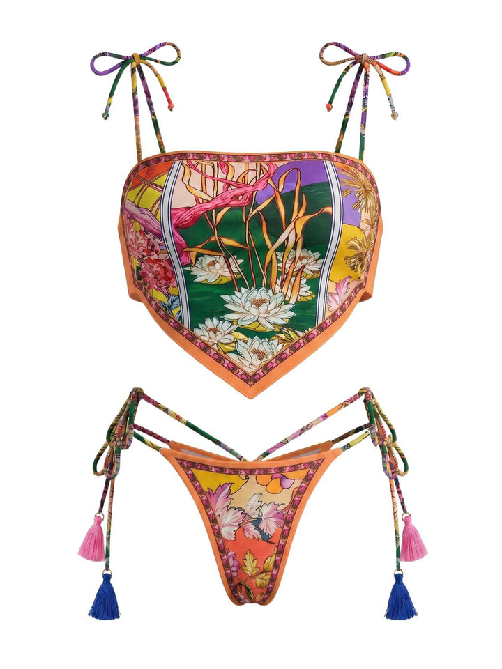 Orange Floral Tassel Tie Bandeau Bikini Set, vintage swimsuit, swimwear - perfect for women who love vintage and retro fashion