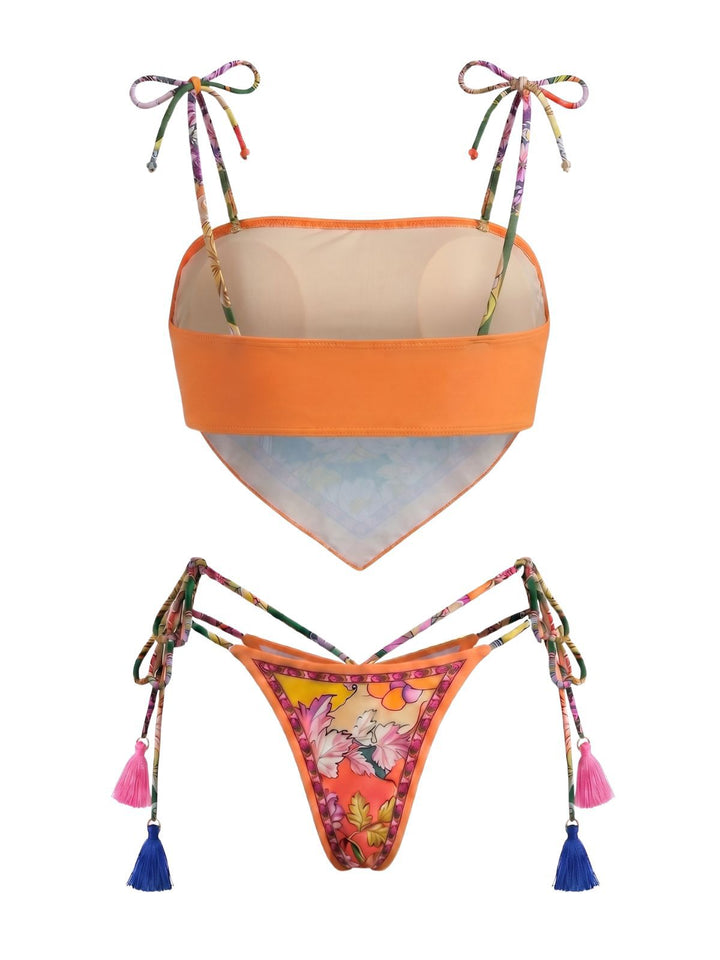 Orange Floral Tassel Tie Bandeau Bikini Set, vintage swimsuit, swimwear - perfect for women who love vintage and retro fashion