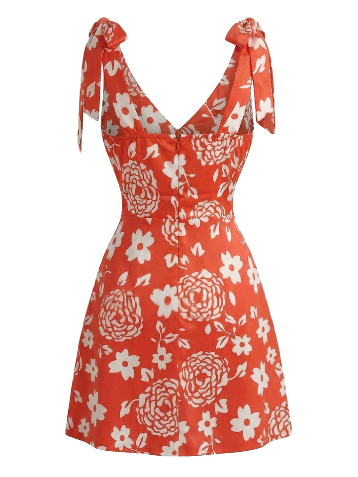 Orange 1970s Floral V-Neck Tie-Strap Mini Dress - vintage dress, retro fashion, floral print for vintage lovers