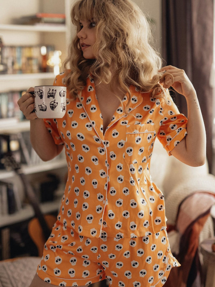 Orange 1970s Halloween Cartoon Skull Pajamas, vintage pajamas, retro nightwear - perfect for women who love vintage and retro fashion