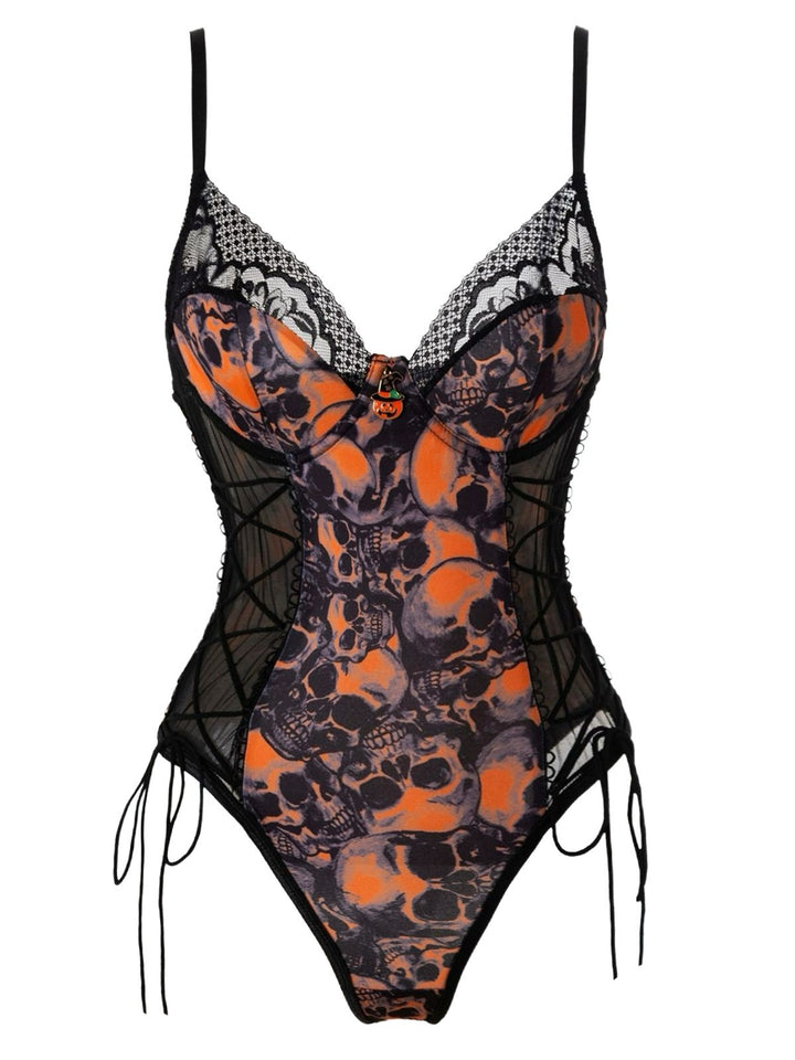 Orange 1970s Skull Lace Spaghetti Strap Bodysuit - vintage fashion, retro style