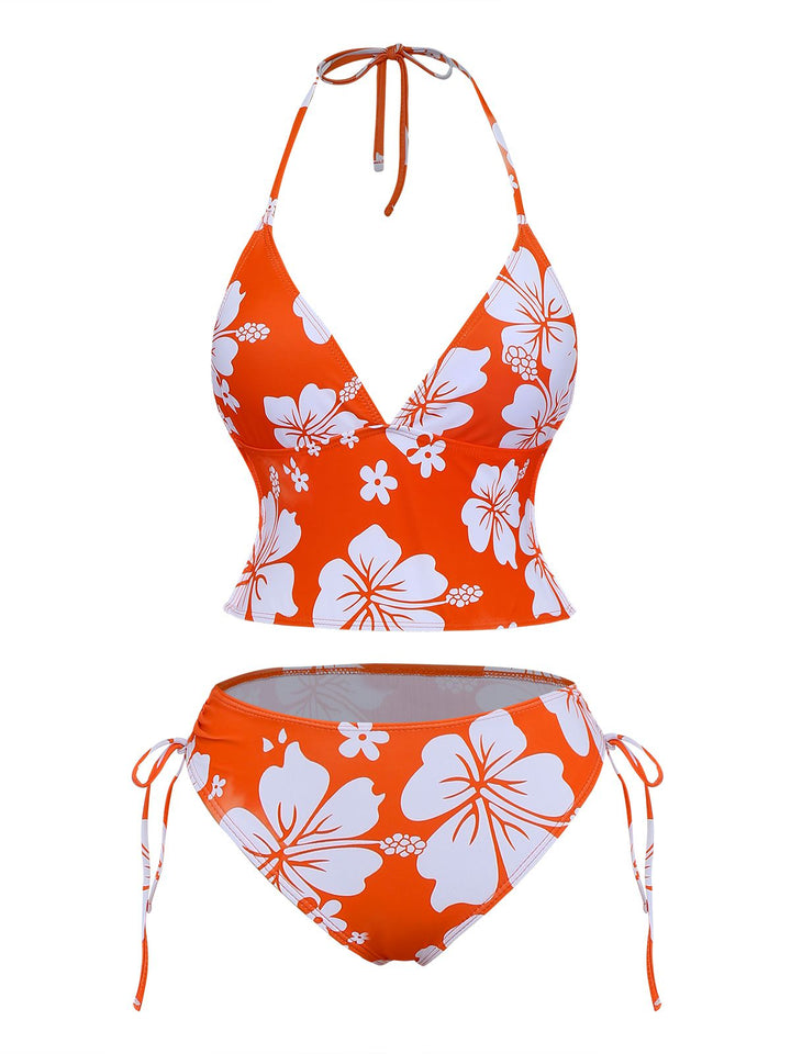 Orange 1970s Tropical Floral Halter Tie-Side Tankini Set: beautiful vintage fashion, retro style, classic elegance with timeless appeal