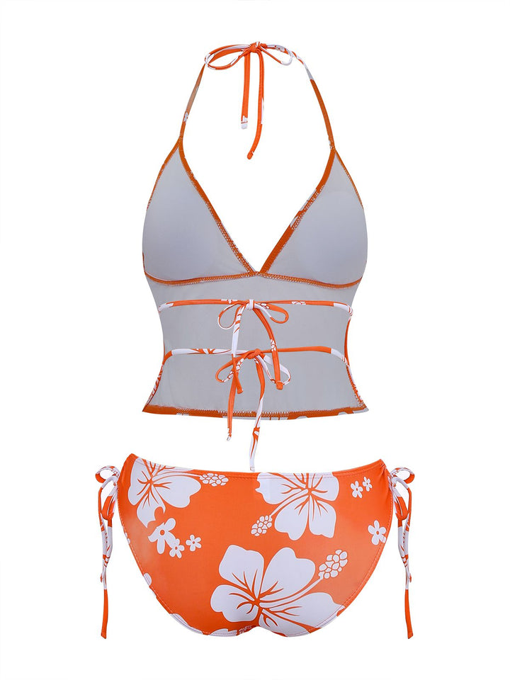 Orange 1970s Tropical Floral Halter Tie-Side Tankini Set | vintage fashion, retro style, classic elegance - perfect for retro fashion enthusiasts