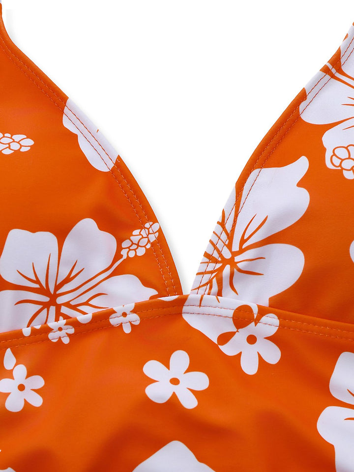 Orange 1970s Tropical Floral Halter Tie-Side Tankini Set - vintage fashion, retro style, classic elegance for vintage lovers