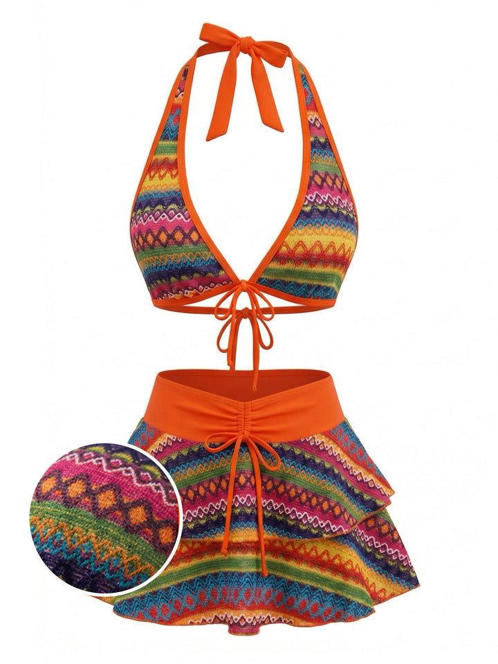 Orange 1980s Boho Irregular Bikini Set &amp; Cover-Up - vintage fashion, retro style